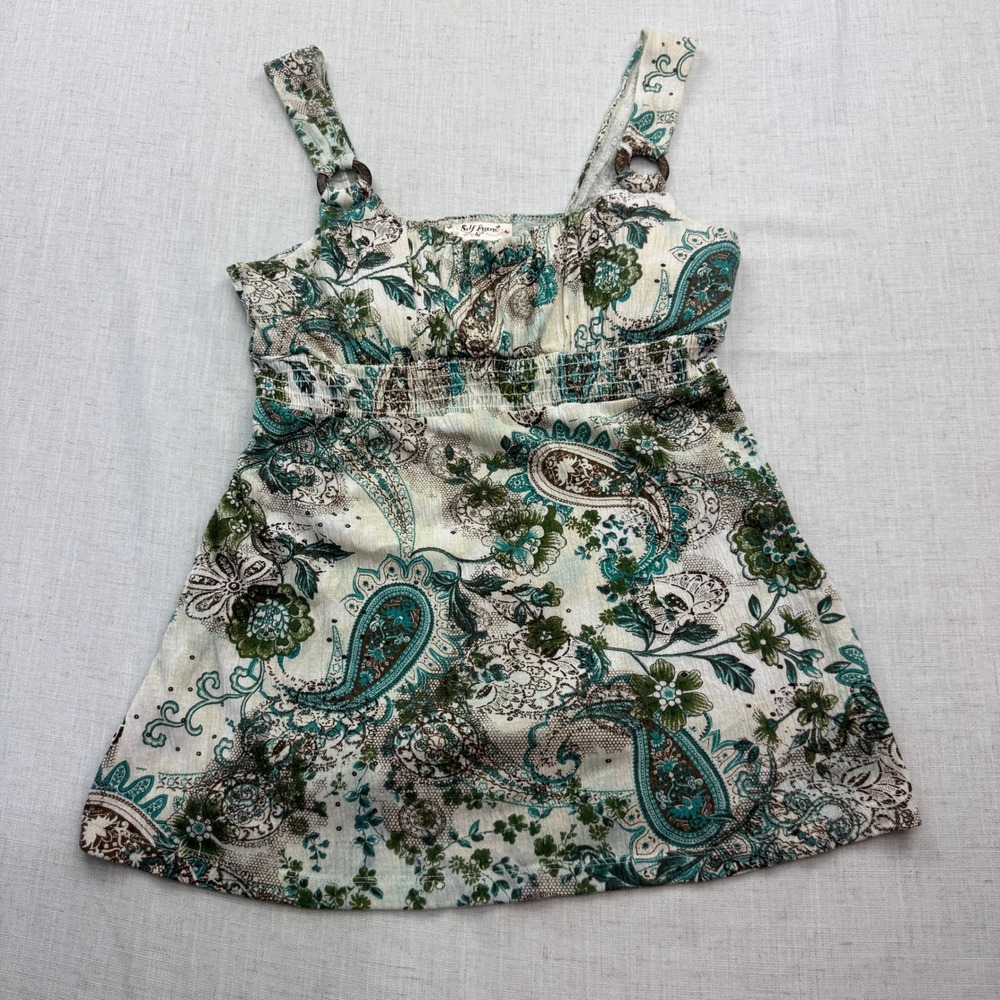 VTG Self Esteem Babydoll Tank Top Women L Green Teal Smocked Boho Y2K Fairycore